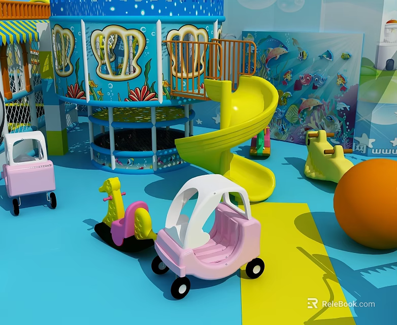 Colorful Indoor Playground Equipment With Slide Toy Cars And Ocean Theme Decorations 3d model 