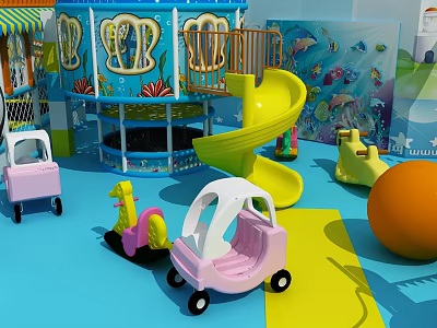 Colorful Indoor Playground Equipment With Slide Toy Cars And Ocean Theme Decorations 3d model