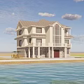 Two Story Detached Villa With Beige Exterior Gray Roof Large Windows Porch And Greenery