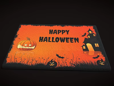 Halloween Themed Square Rug with Happy Halloween Text Pumpkin Bat and House Decorations 3d model
