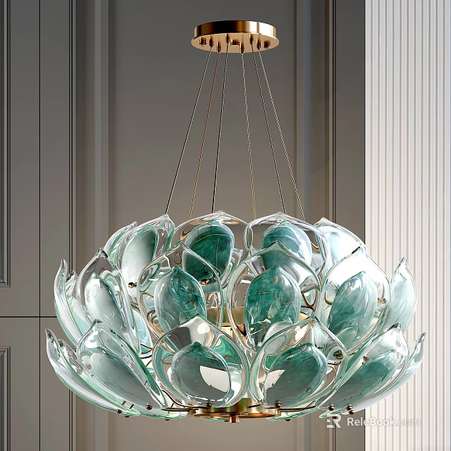 Lotus Shaped Glass Chandelier with Transparent Green Petal Design in Elegant Interior 3d model 