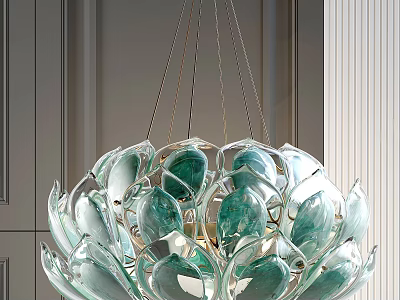 Lotus Shaped Glass Chandelier with Transparent Green Petal Design in Elegant Interior 3d model