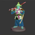Traditional Warrior Statue In Blue Robe With Red Top Hat Holding Long Pole Weapon