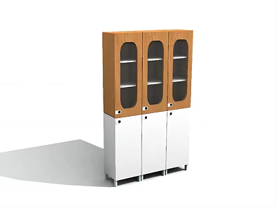 Wooden Top White Base Display Cabinet Shelf With Glass Doors And Multiple Shelves 3d model