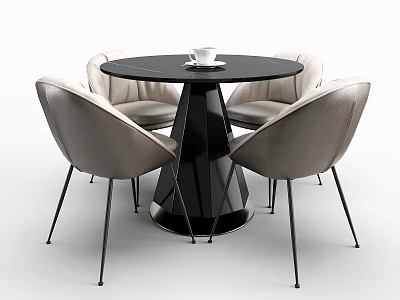 Modern Round Black Table With Four Light Gray Leather Chairs And White Cup 3d model