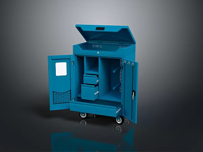 Blue Open Tool Cabinet On Wheels With Storage Drawers And Compartments 3d model