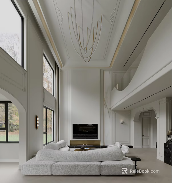 Duplex Living Room Interior With High Ceiling Large Windows Chandelier Modern TV And Comfortable Sofa 3d model 