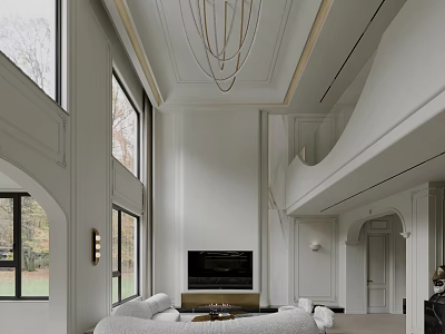 Duplex Living Room Interior With High Ceiling Large Windows Chandelier Modern TV And Comfortable Sofa 3d model