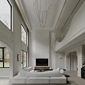 Duplex Living Room Interior With High Ceiling Large Windows Chandelier Modern TV And Comfortable Sofa