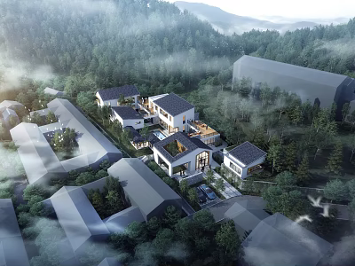 Modern Boutique Hotel Building in Mountain Forest with Aerial View Courtyard 3d model