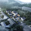 Modern Boutique Hotel Building in Mountain Forest with Aerial View Courtyard
