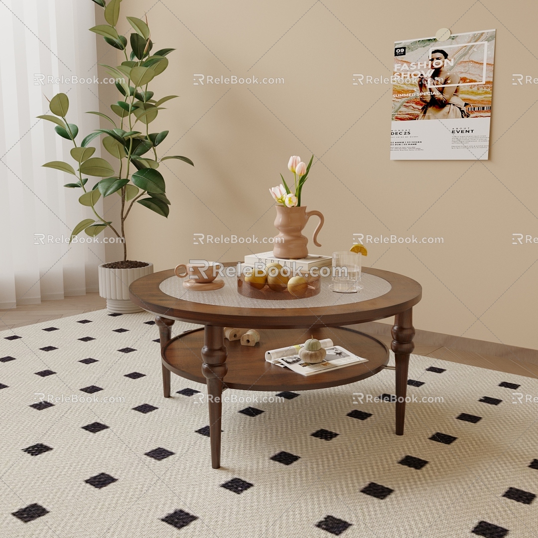 The ancient solid wood tea table art decoration combination floor plant 3d model