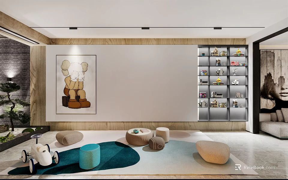 Modern Entertainment Room Featuring Comfortable Seating Decorative Art Round Carpet And Storage Cabinets 3d model 