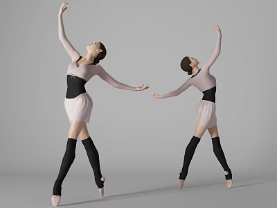 Women In Ballet Attire Performing Graceful Dance Poses Against Gray Background 3d model
