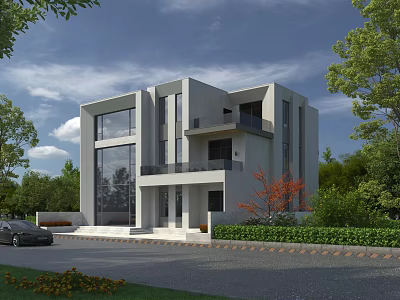 Modern Detached Villa Architecture Featuring Large Glass Windows Two Story Structure And Lush Greenery 3d model