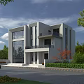 Modern Detached Villa Architecture Featuring Large Glass Windows Two Story Structure And Lush Greenery