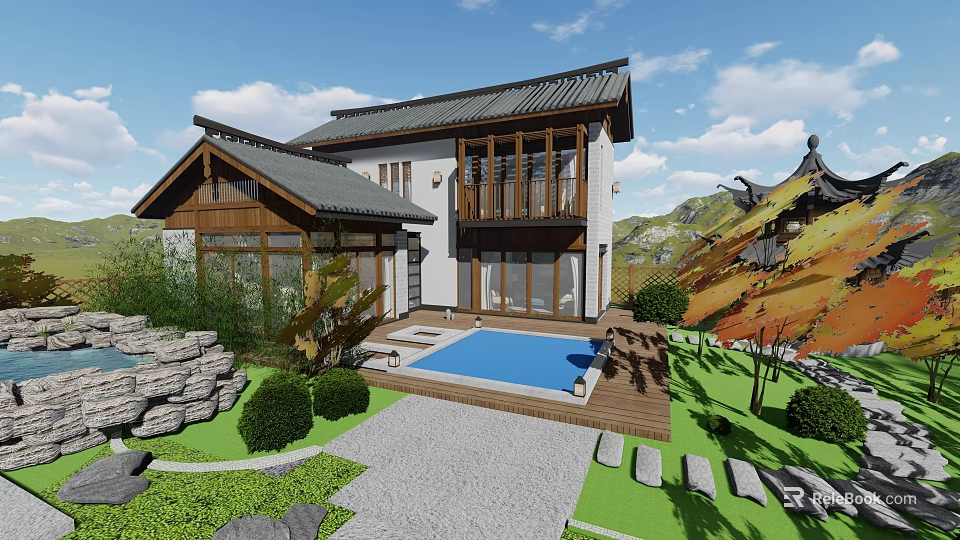 Traditional Chinese Ancient Building Featuring Wooden Structure Traditional Roof And Garden With Swimming Pool 3d model 