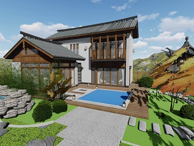 Traditional Chinese Ancient Building Featuring Wooden Structure Traditional Roof And Garden With Swimming Pool 3d model