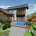 Traditional Chinese Ancient Building Featuring Wooden Structure Traditional Roof And Garden With Swimming Pool