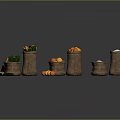 Display of Burlap Bags Filled with Fresh Vegetables and Fruits Arranged in Circle