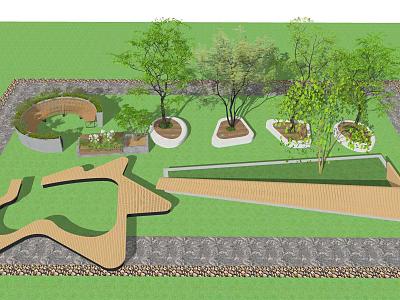 Multiple Tree Planters In Park Landscape With Green Lawn Wooden Walkways And Circular Seating 3d model