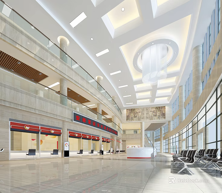 Modern Bank Hall Open Space With Marble Flooring Glass Curtain Walls Chandelier Counters And Seats 3d model 
