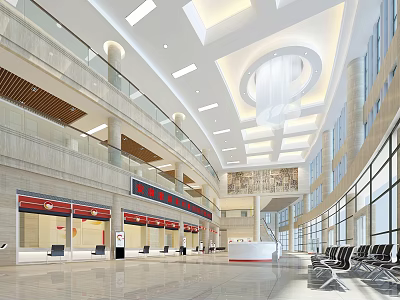 Modern Bank Hall Open Space With Marble Flooring Glass Curtain Walls Chandelier Counters And Seats 3d model