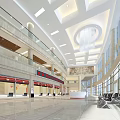 Modern Bank Hall Open Space With Marble Flooring Glass Curtain Walls Chandelier Counters And Seats