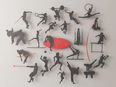 Sports Themed Wall Decor With Athletic Silhouettes Fitness Equipment And Red Circle 3d model