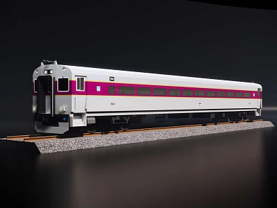 Sleek Modern Passenger Train Exterior With White Body Purple Stripes And Windows On Railway Track 3d model