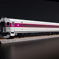 Sleek Modern Passenger Train Exterior With White Body Purple Stripes And Windows On Railway Track