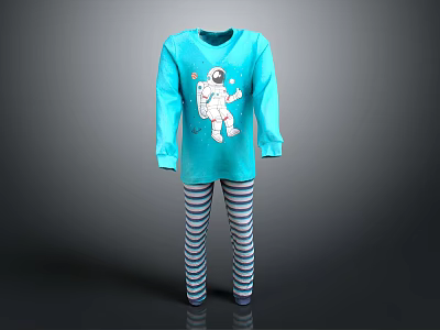 Cute Children's Pajamas Set With Long Sleeve Astronaut Print Top And Striped Pants 3d model