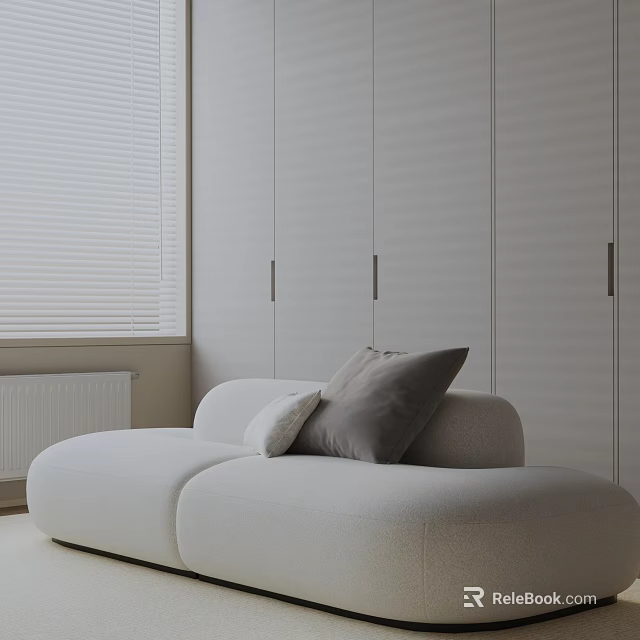 White Minimalist Three Seater Sofa In Room With White Blinds Wardrobes And Light Colored Walls 3d model 