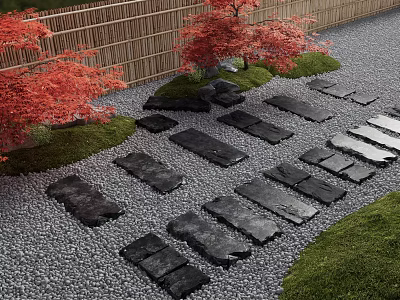 Natural Stepping Stones Pathway With Bamboo Fence Red Maple Trees And Pebble Ground 3d model