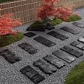 Natural Stepping Stones Pathway With Bamboo Fence Red Maple Trees And Pebble Ground