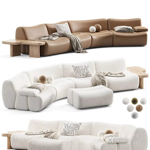 Curved Sectional Sofa With Decorative Pillows Throw Blankets And Wooden Side Tables 3d model 