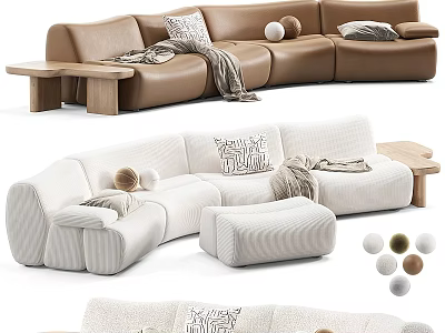 Curved Sectional Sofa With Decorative Pillows Throw Blankets And Wooden Side Tables 3d model