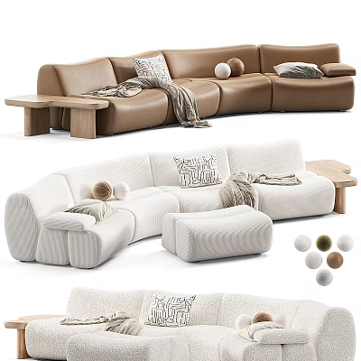 Curved Sectional Sofa With Decorative Pillows Throw Blankets And Wooden Side Tables 3d model