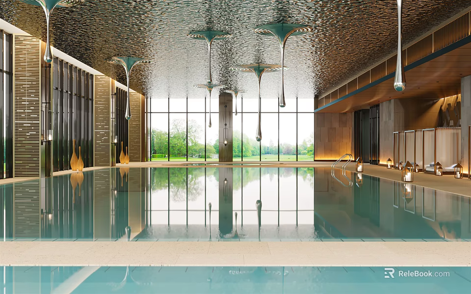 Indoor Swimming Pool With Glass Windows Modern Ceiling Pendant Lights And Clear Water 3d model 