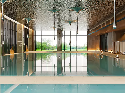 Indoor Swimming Pool With Glass Windows Modern Ceiling Pendant Lights And Clear Water 3d model