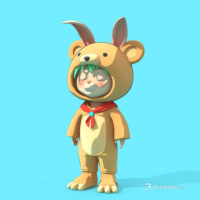 Cartoon Sculpture Carving Of Bear Costume With Rabbit Ears Green Hair Red Scarf Blue Background 3d model 