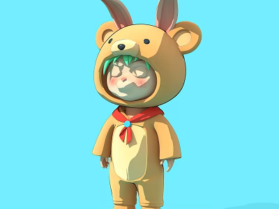 Cartoon Sculpture Carving Of Bear Costume With Rabbit Ears Green Hair Red Scarf Blue Background 3d model