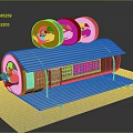 Sushi Roll Shaped Building With Wooden Structure Bamboo Roof And Windows On Brick Paved Ground