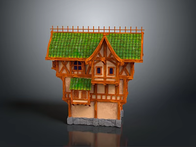 Cartoon Scene Featuring a Charming Fairy Tale Cottage with Green Sloped Roof and Wooden Frame 3d model