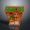 Cartoon Scene Featuring a Charming Fairy Tale Cottage with Green Sloped Roof and Wooden Frame