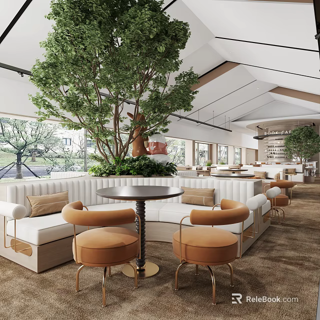 Modern Leisure Area Interior With Large Green Trees White Sofas Round Tables And Brown Chairs 3d model 