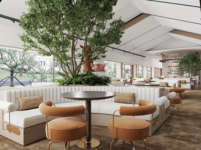 Modern Leisure Area Interior With Large Green Trees White Sofas Round Tables And Brown Chairs 3d model