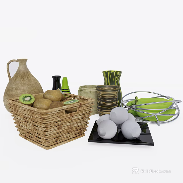 Modern Home Decorative Ornament Set With Wicker Basket Vase And Fruit Ornaments 3d model 
