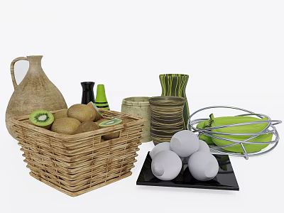 Modern Home Decorative Ornament Set With Wicker Basket Vase And Fruit Ornaments 3d model