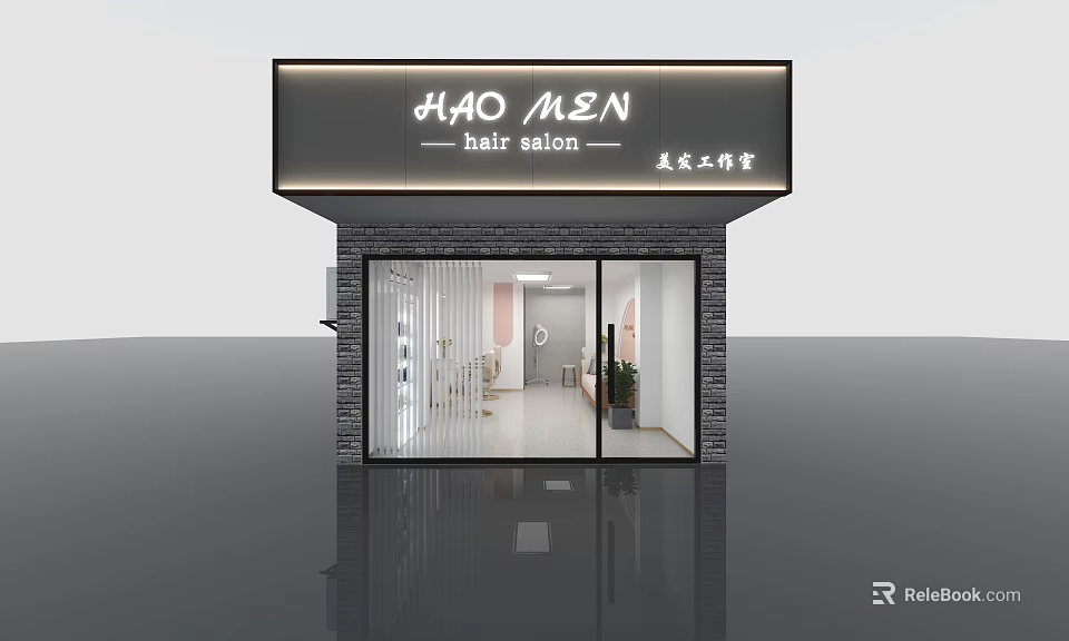 Modern Hair Salon Storefront With Glass Door Brick Wall And Stylish Signage 3d model 